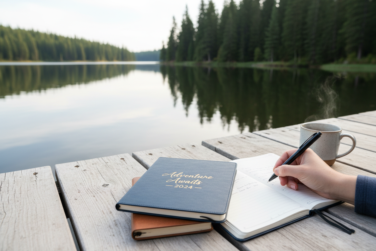 Day planner on dock with lake and pines